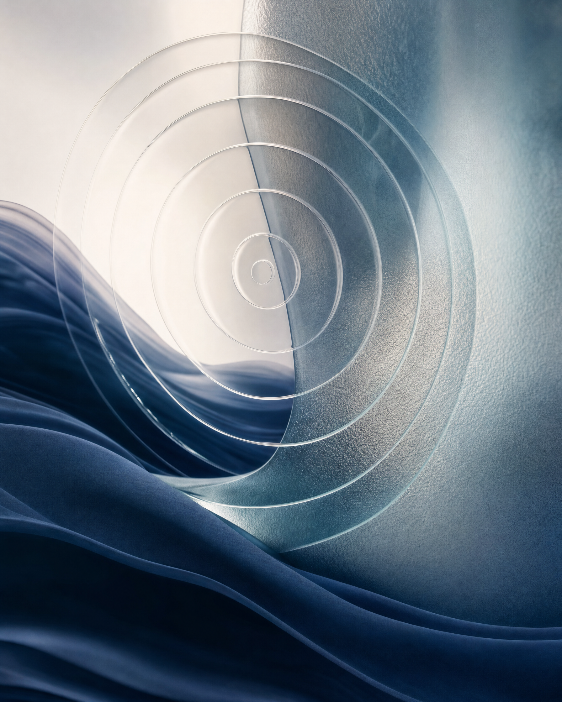Abstract navy and teal concentric forms suggesting sound waves