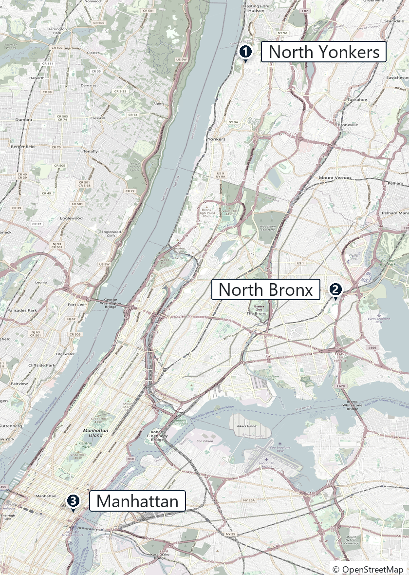 Vertical map showing North Yonkers, North Bronx, and Manhattan office locations