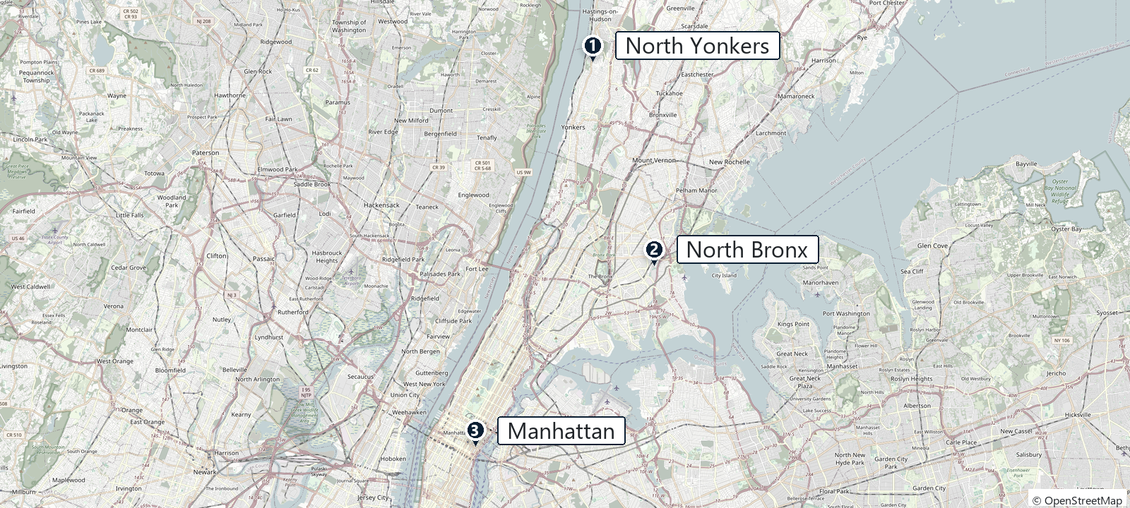 Horizontal map showing North Yonkers, North Bronx, and Manhattan office locations